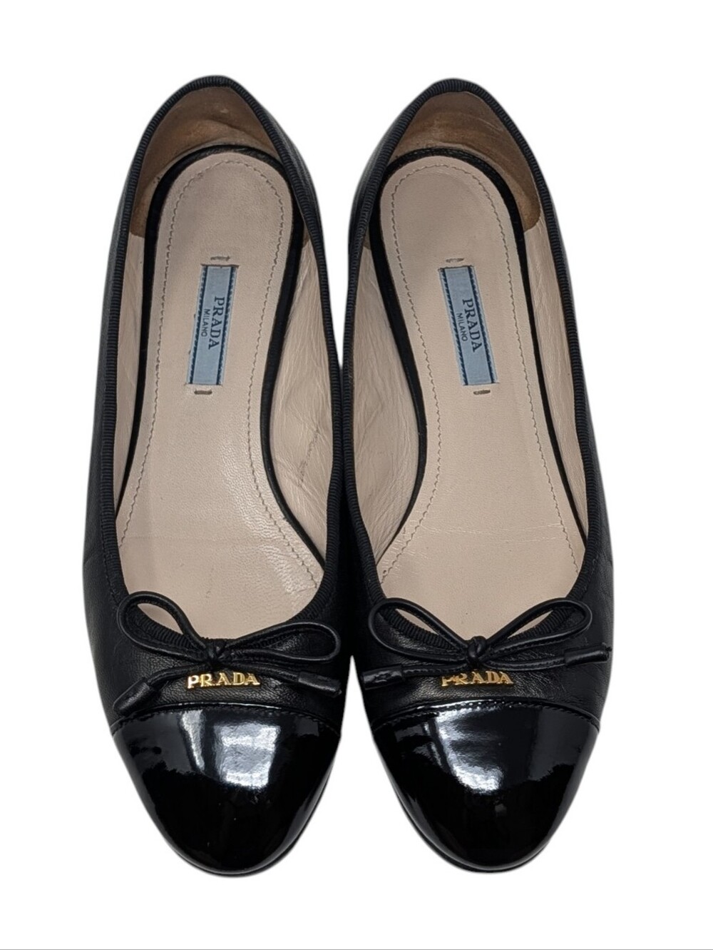 PRADA Black Leather Cap-Toe Ballet Flats